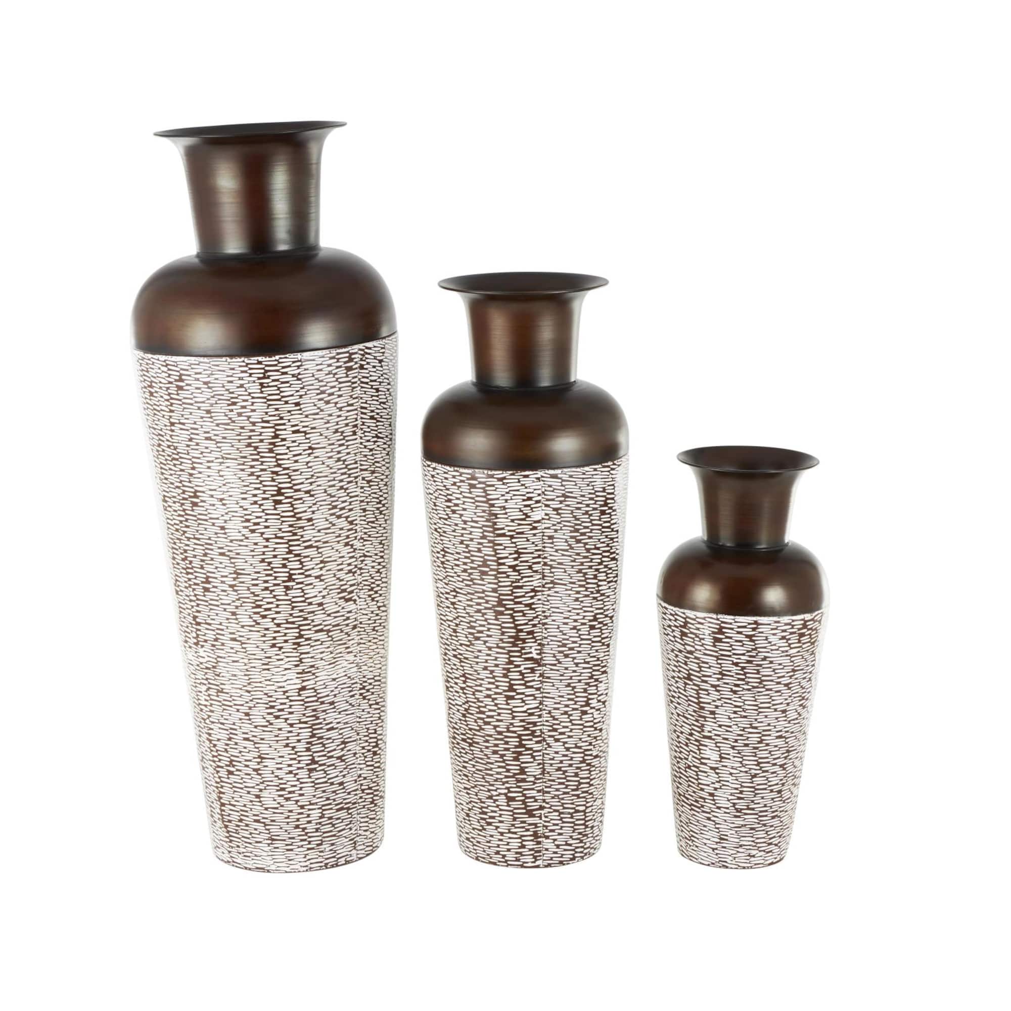 White & Brown Spotted Tapered Floor Metal Vase Set
